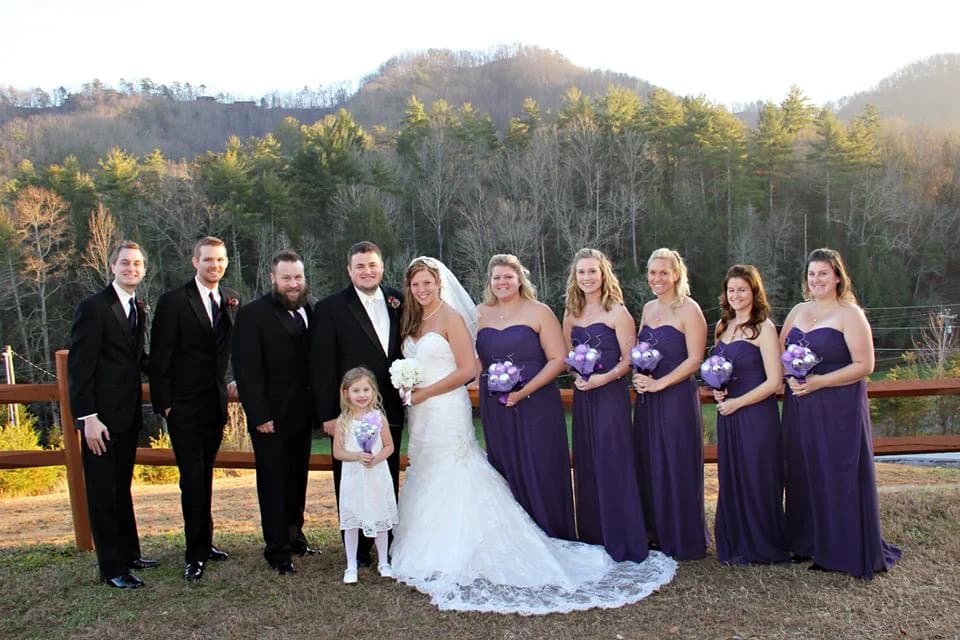 Wedding party posing with Smoky Mountains views at Moose Hollow Lodge in Pigeon Forge near Dollywood