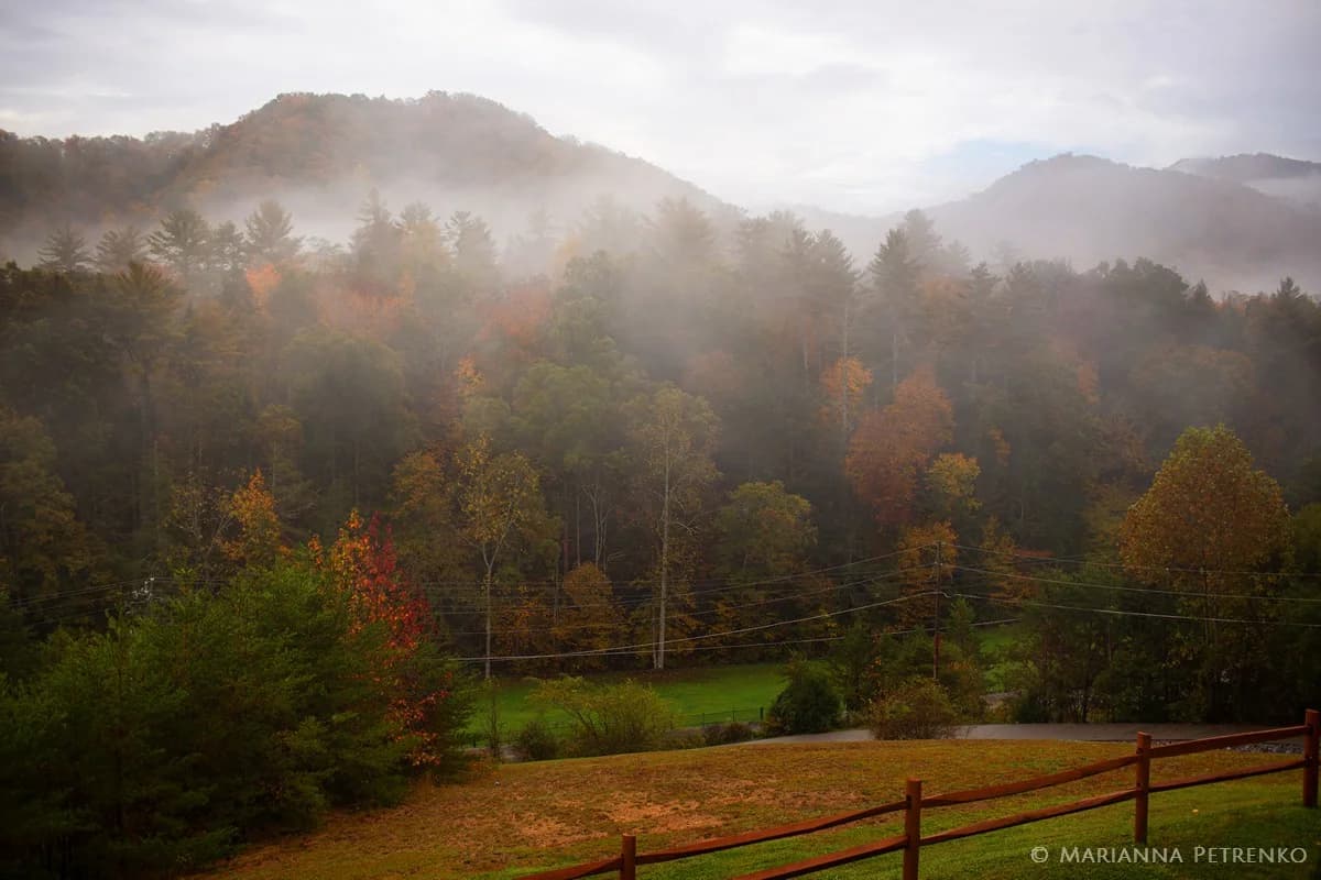 Misty autumn foliage views of the Great Smoky Mountains near Dollywood at Moose Hollow Lodge in Pigeon Forge