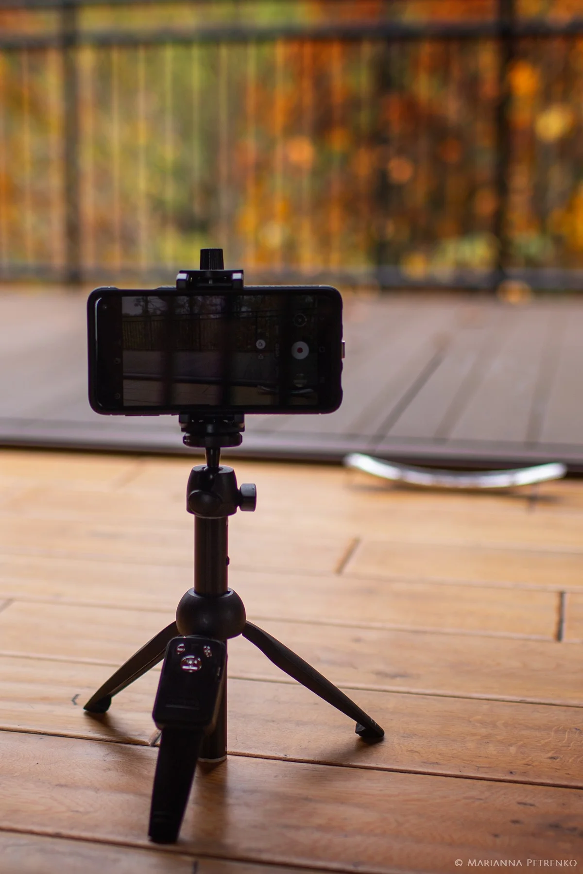Smartphone on tripod for wedding livestream on deck at Moose Hollow Lodge in Pigeon Forge near Smoky Mountains.