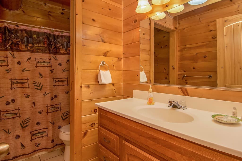 Rustic wood-paneled bathroom with white vanity and themed shower curtain at Moose Hollow Lodge in Sevierville